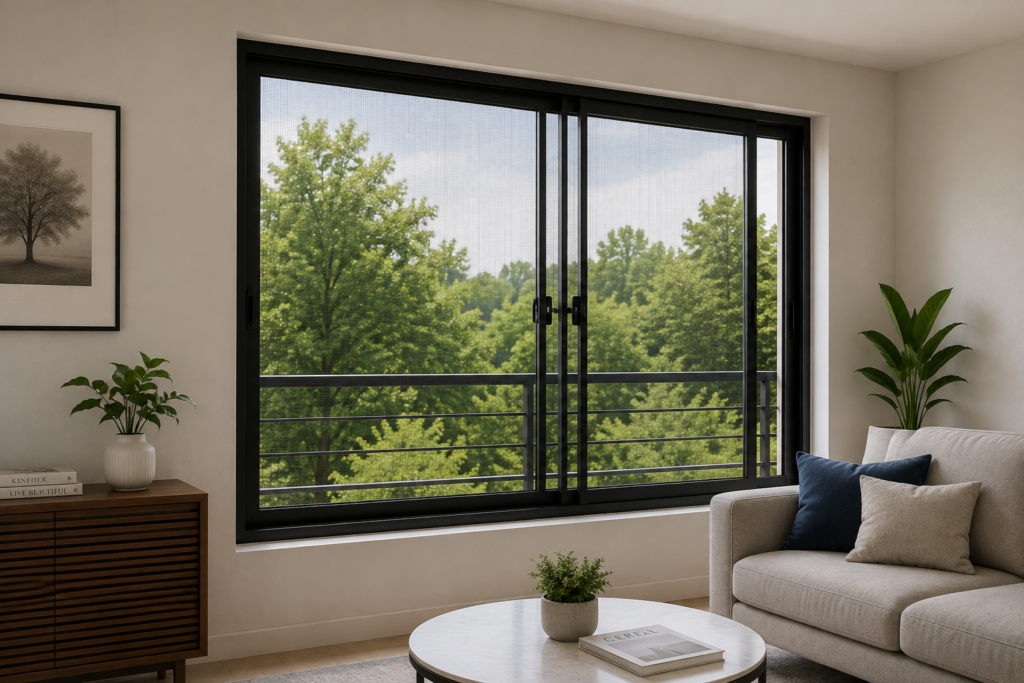 Modern living room with mosquito net window