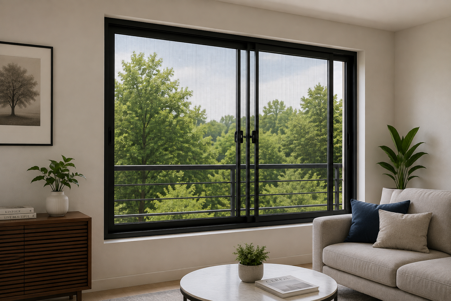 Modern living room with mosquito net window